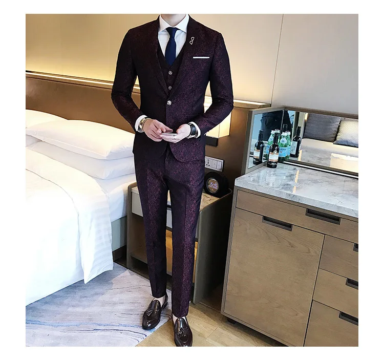 Красное вино жаккард 3 шт. костюм для свадьбы мужчин Жених костюм homme стройная фигура Модные Винтажные вечерние выпускного вечера(пиджак+ жилет+ брюки