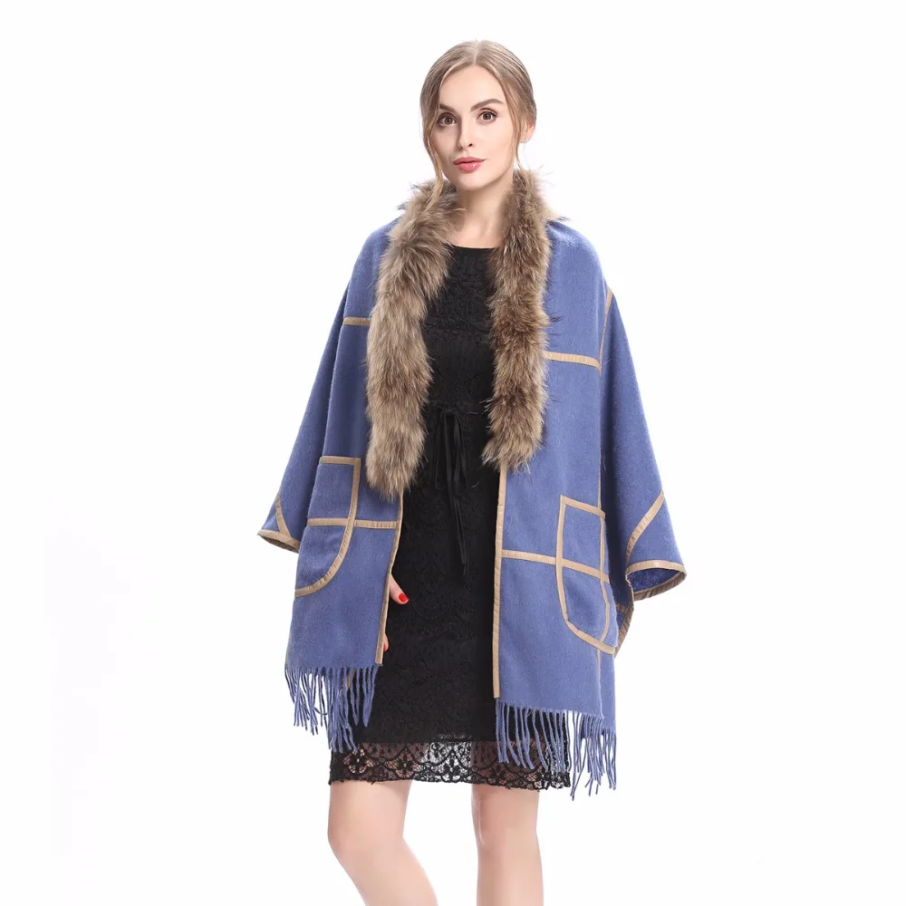 ZY87060 дизайн модные женские и женские воротник из меха енота шерсть кашемир с PU мехом пашимина шаль-пончо