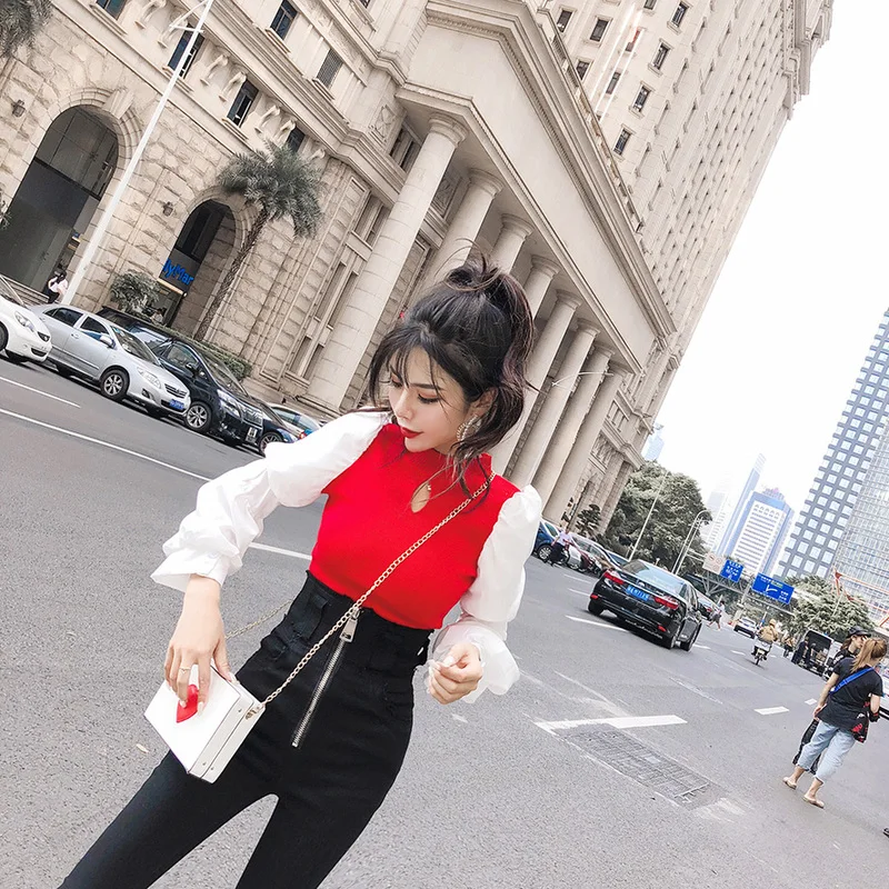 UIECOE лоскутное длинный рукав выдалбливают трикотажный Топ для женщин Сладкий