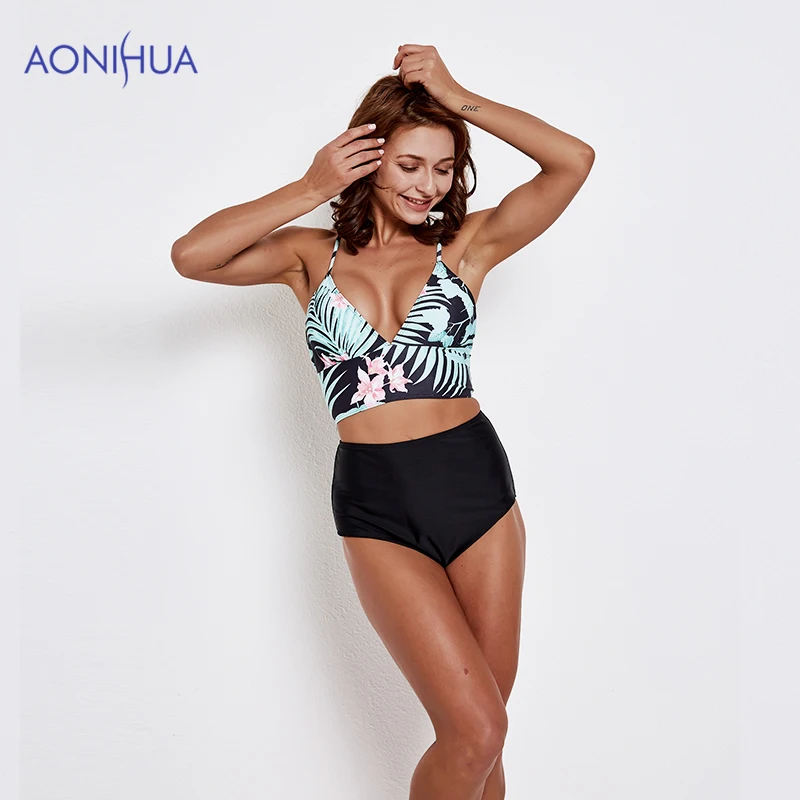 

AONIHUA Flower Printed Two Piece Swimming Suit For Women High Waist Bandage Bikini Beach Beaching Suit Swim Wear Padded Bras