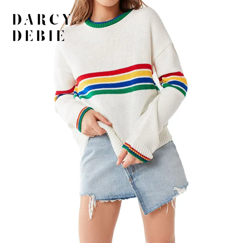 Darcydebie Women Autumn Sexy Sweet O neck Rainbow Knitted Striped Loose Casual Girl Pullover Sweater Tops | Женская одежда