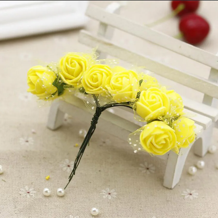 yellow 144 шт Искусственные мини-цветы из пенопласта Розовый Тюль Красный DIY Подарочная коробка крафт бумага Скрапбукинг цветы украшения Искусственный букет венок - Цвет: yellow
