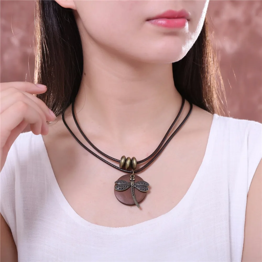 Fashion Choker Woman Necklaces vintage Jewelry Dragonfly Wooden pendant Long necklace for women collares mujer kolye| |