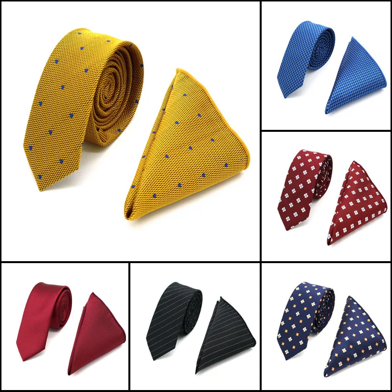 

High Quality 5CM Men's Silk Neck Tie Set ( Necktie & Handkerchiefs ) Plaid Polka Dot Skinny Slim Narrow Ties Hanky Wedding Party