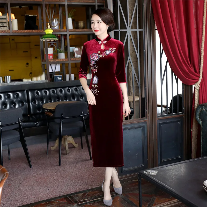 

Shanghai Story Chinese Oriental Dress Velvet Qipao dress Chinese traditional dress 3/4 Sleeve long cheongsam for women