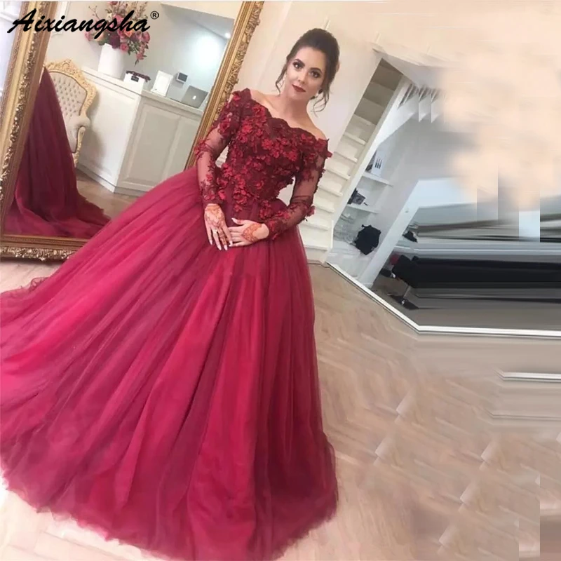 

Dark Red Evening Dresses Ball Gown Off the Shoulder Sheer Long Sleeves Lace Flowers Tulle Plus Size Party Prom Evening gown