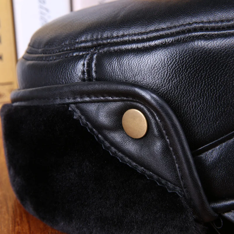 Мужская зимняя шапка 100% из овечьей кожи кепки с плоскими ушками для пожилых людей