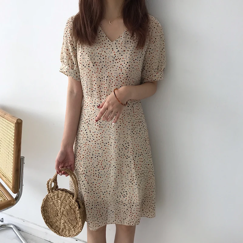 PERHAPS U red apricot polka dot v neck puff sleeve short a line dress mini beach vocation D1311 | Женская одежда