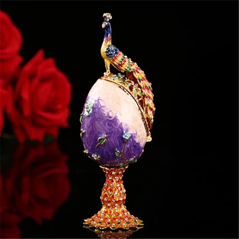 QIFU-caja de joyería para decoración, figurita Vintage de pavo real, artesanías, huevos de Faberge morados