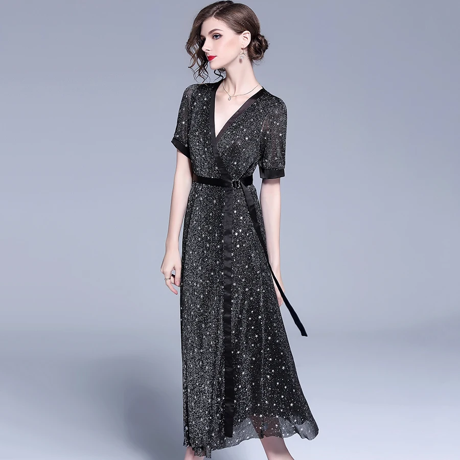 2019 Spring Fashion Long Dresses Women Short Sleeve V-Neck Star Print Vintage Wrap Casual Dress Elegant A-Line Vestidos De Festa | Женская