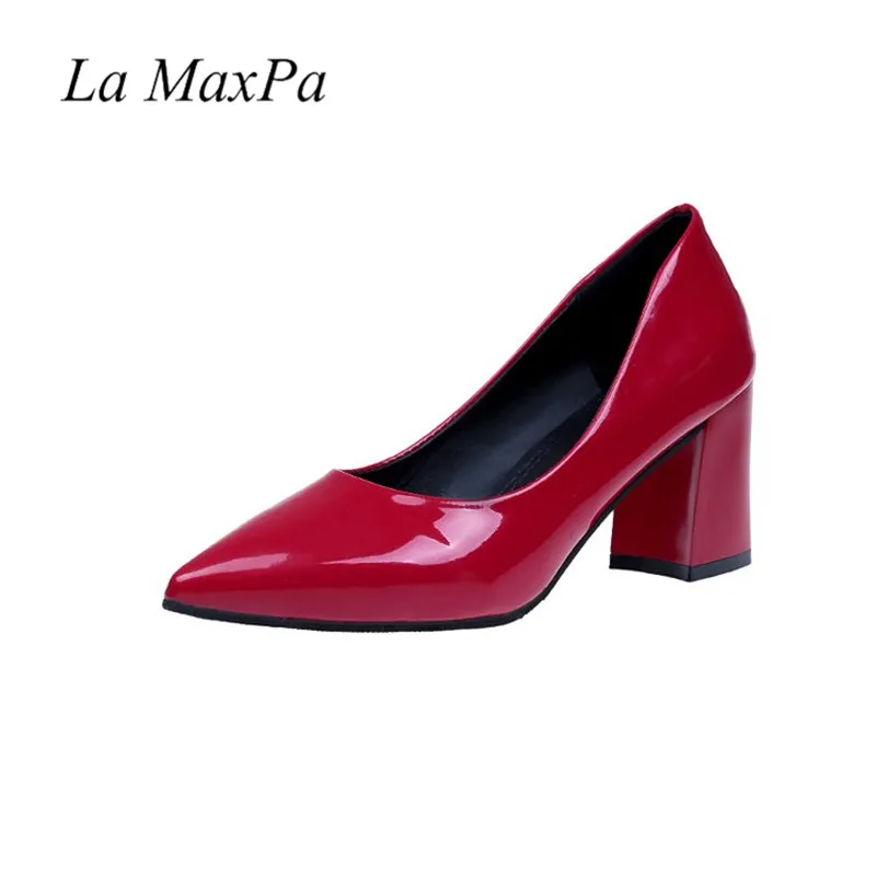 7cm red La MaxPa/Размеры 35-40; свадебные туфли; женские кожаные туфли-лодочки на толстом каблуке 7 см, 9 см; офисные женские Вечерние туфли на высоком каблуке; красные лаконичные туфли-лодочки - Цвет: 7cm red