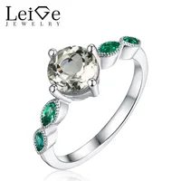 Leige Jewelry Natural Green Amethyst Ring Round Cut with Emerald Side Stones Silver 925 Promise Rings for Women Christmas Gift