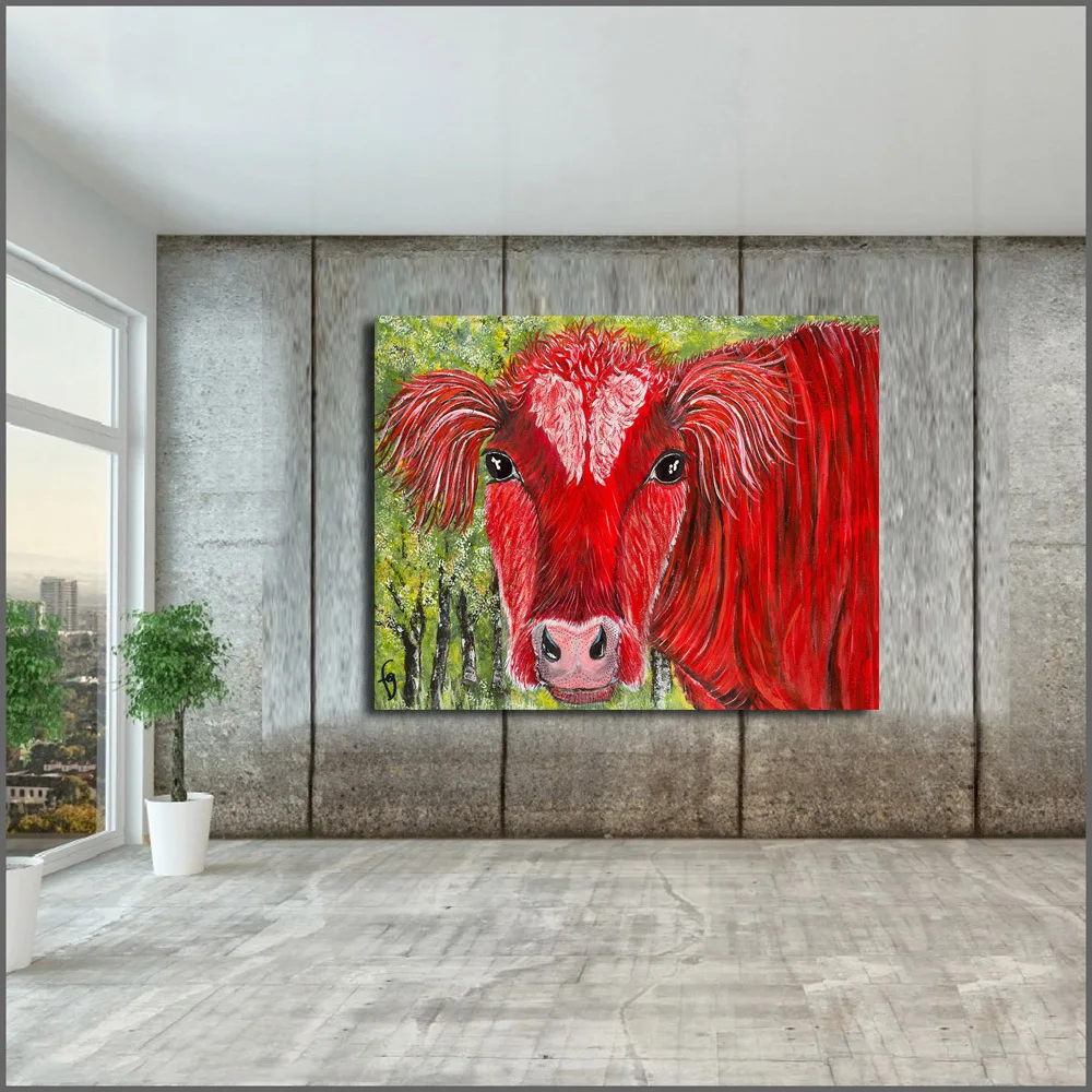 Большая картина маслом животные поп-арт красная корова настенная Картина на