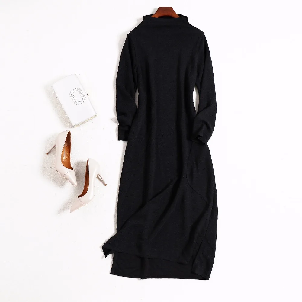 На осень зиму женщина черное платье длиной до икры Стенд воротник Длинные рукава
