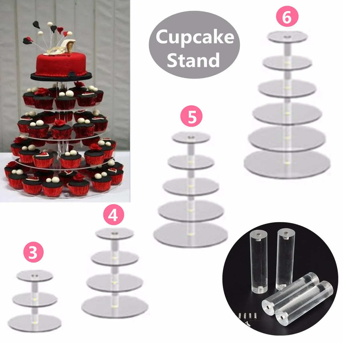 3/4/5/6 Tier Clear White Round Cup Cake Stand Acrylic Cupcake Stand Supplies Display Tower Wedding Birthday Party Decoration