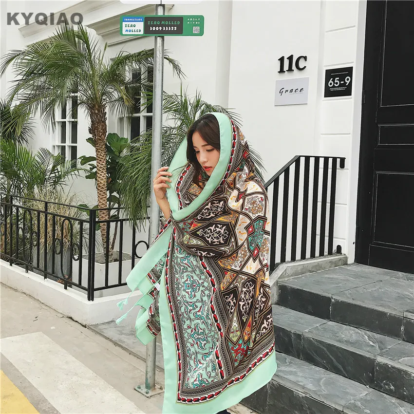 KYQIAO Boho головной платок женский осенний зимний испанский стиль богемный этнический длинный зеленый шарф с принтом кашне накидка шаль