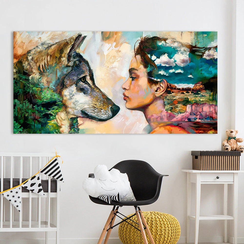 Картина на холсте с изображением животных для домашнего декора Волк и девочка