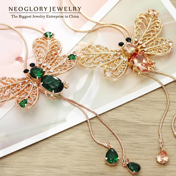 Neoglory зеленый циркон розовое золото Цвет цепи длинное Цепи для Для женщин