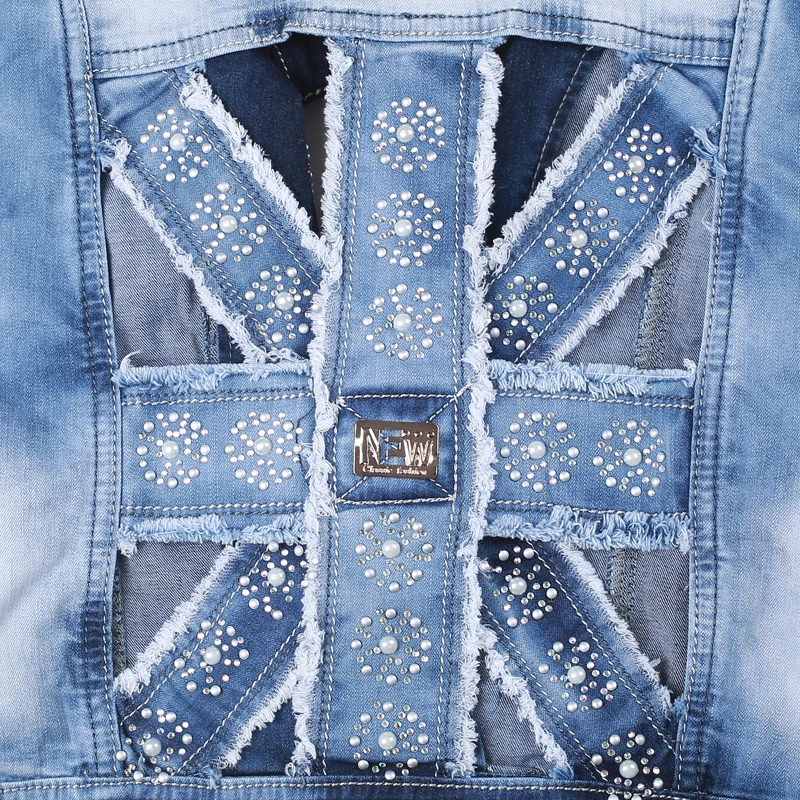 Винтаж Жемчуг Алмазы Джинсовая Куртка Без Рукавов Ретро Отверстия Омывается