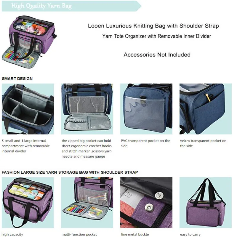 Сумка для вязания сумка тоут с внутренним разделителем шерстяных крючков набор