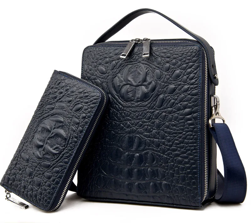 blue with wallet Мужская сумка из натуральной кожи с крокодиловым узором, портфель на двойной молнии, мужская сумка, сумка на плечо, Мужская модная деловая сумка - Цвет: blue with wallet