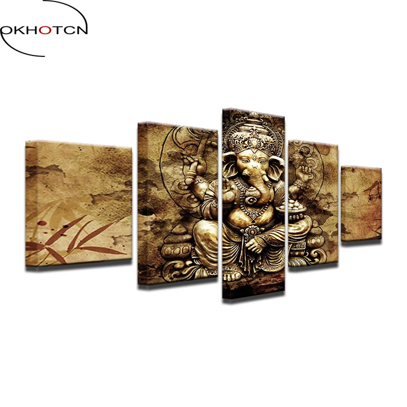 

OKHOTCN Modern HD Printed Canvas Posters Home Decor 5 Pieces India Ganesha Paintings Framed Wall Art Elephant Trunk God Pictures
