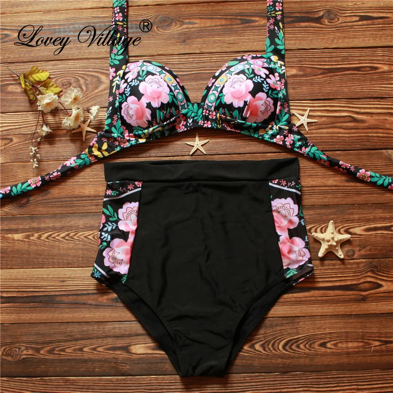Vintage Womens High Waist Bikinis Swimsuit 2018 Halter Backless Push Up Biquini Swimwear Female Print Hot Beach Bathing Suit |