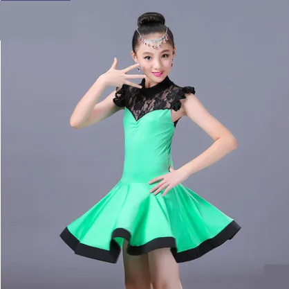 

children sleeveless Green/orange Lace flower latin Dance Dress Girls Skirt Wear Vestido De Baile Latino Kids Dance Costumes