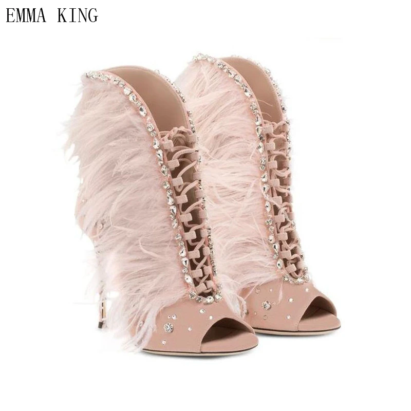 EMMA KING Sexy Feathers Embellished Stiletto Thin High Heels Dress Shoes Woman Luxury Crystal Open Toe Lace Up Sandals Boots | Обувь