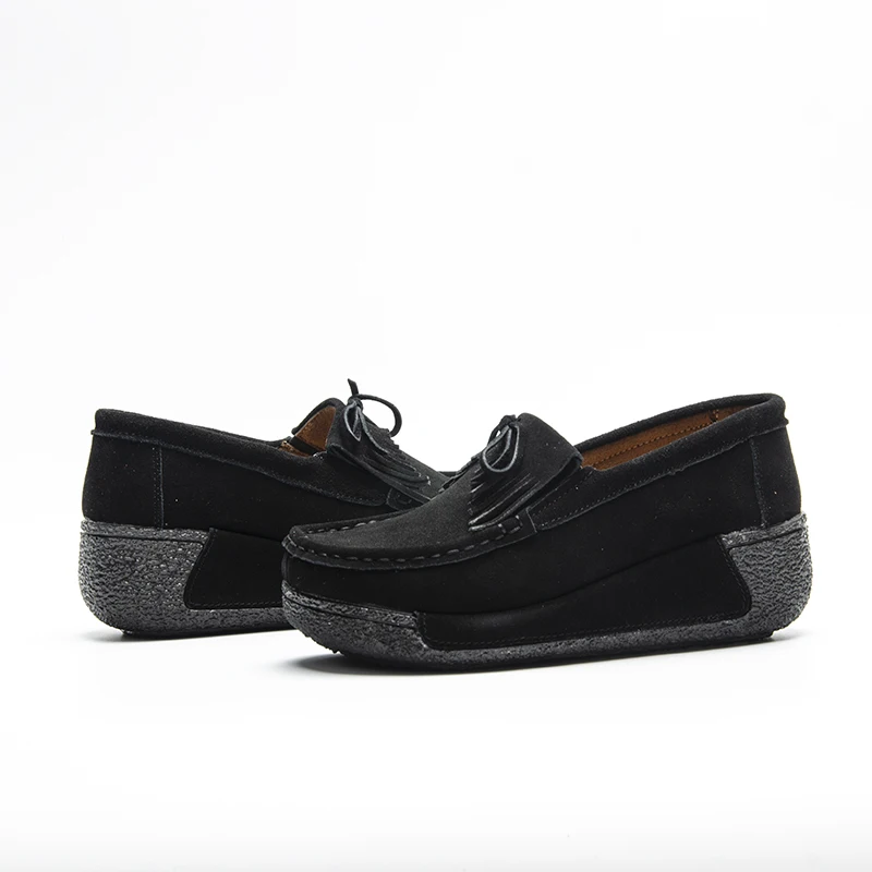 Женские замшевые лоферы Fujin мокасины на плоской подошве с кисточками весну