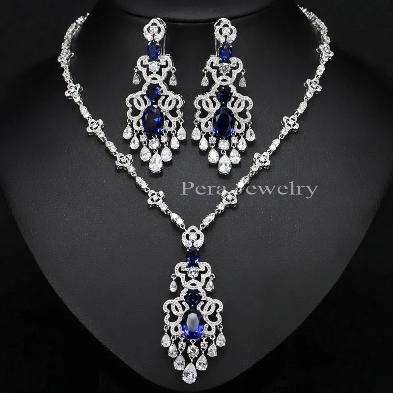 blue Pera Роскошный CZ Большой заявление длинные висячие Дубай для женщин Свадебная вечеринка подарок Ювелирные наборы с Индией красный фианит камень J182 - Окраска металла: blue