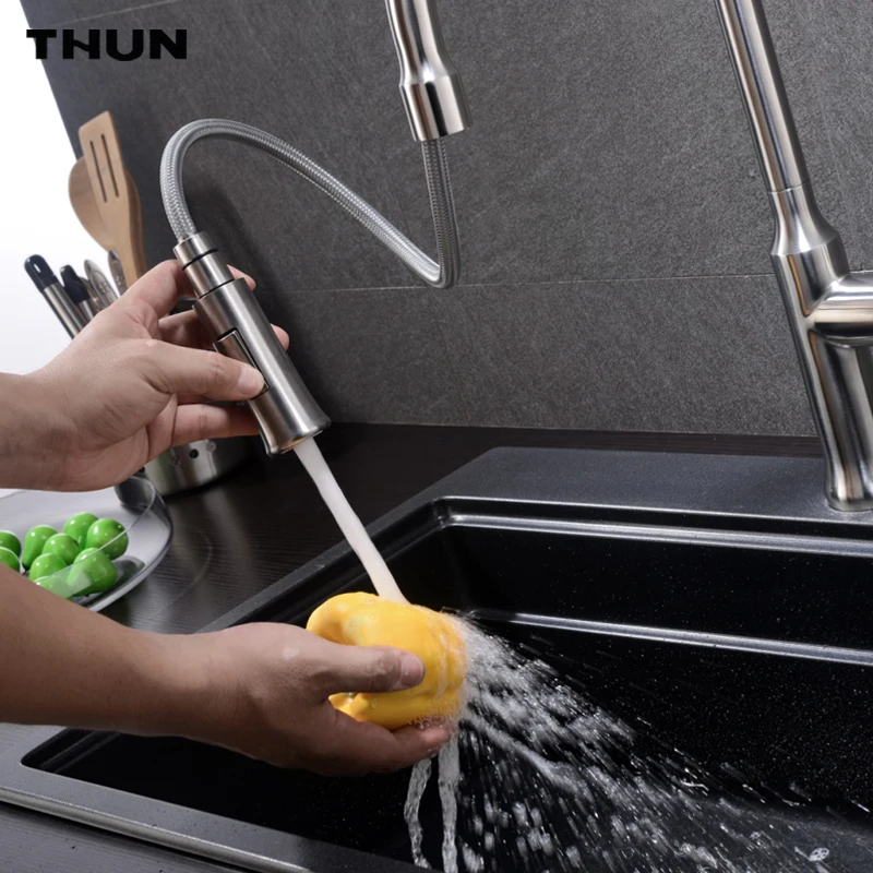 THUN Pull Down Stainless Steel Kitchen Faucet Black White Finish Dual Sprayer Nozzle Hot Cold Water Sink Mixer Torneira Cozinha |