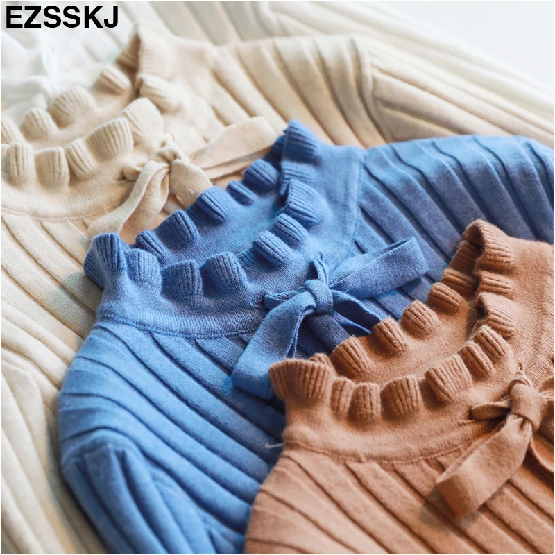 NEW vintage thick Autumn Winter Sweater pullovers Women ruffled collar Long Sleeve bow sweater female soft pullover top | Женская одежда