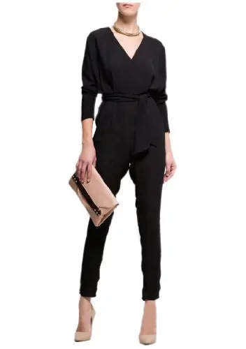 

Womens High Waist Long Sleeve Black Chiffon Jumpsuit Europe Siamese pants graceful lady deep V-neckline catsuit