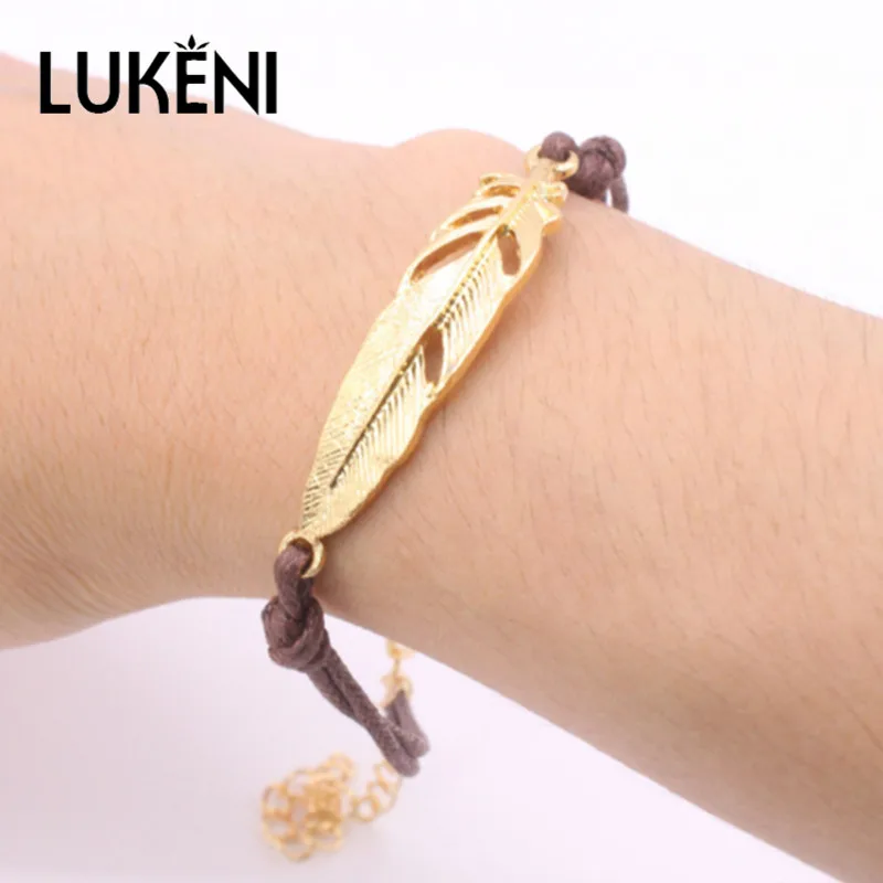Женские браслеты LUKENI богемные золотого цвета с перьями винтажный кожаный