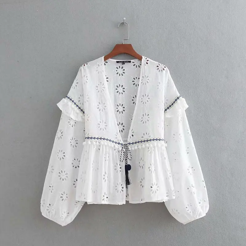 2018 Женская винтажная блузка с вышивкой в стиле пэчворк и оборками кимоно рубашка