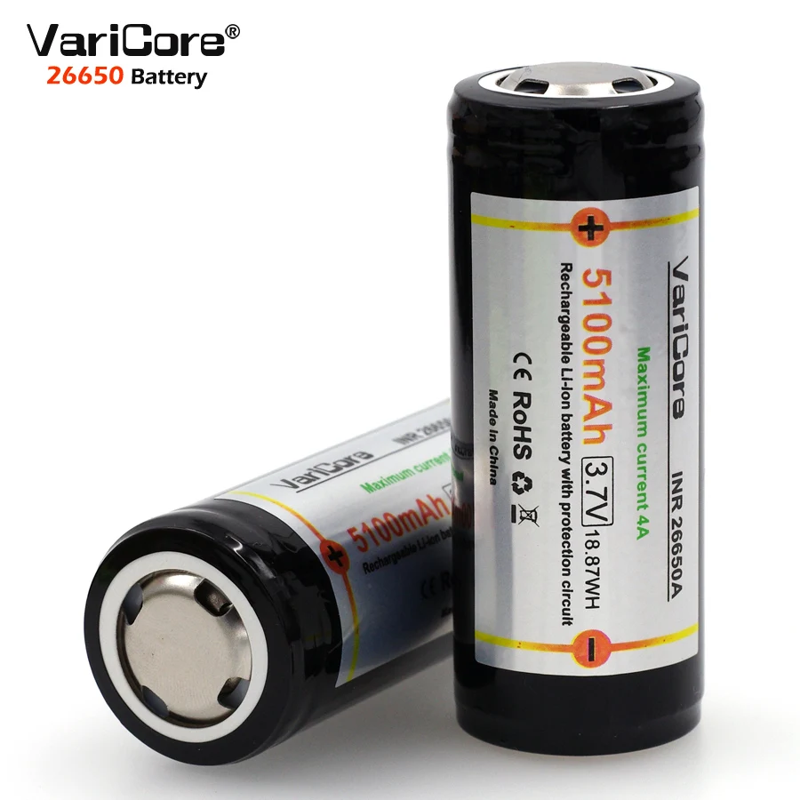 

2 шт. VariCore защиты 26650 5100mAh 3,7 V литий-ионная Перезаряжаемые Батарея с печатной платой 4A 3,6 V Мощность Аккумуляторы для фонарика