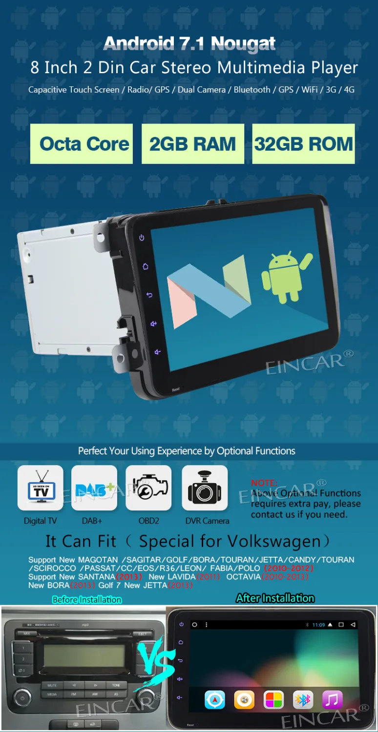 Eincar 8 &quotAndroid 7 1 автомобильный радиоприемник двойной Din стерео без dvd плеера в Dash
