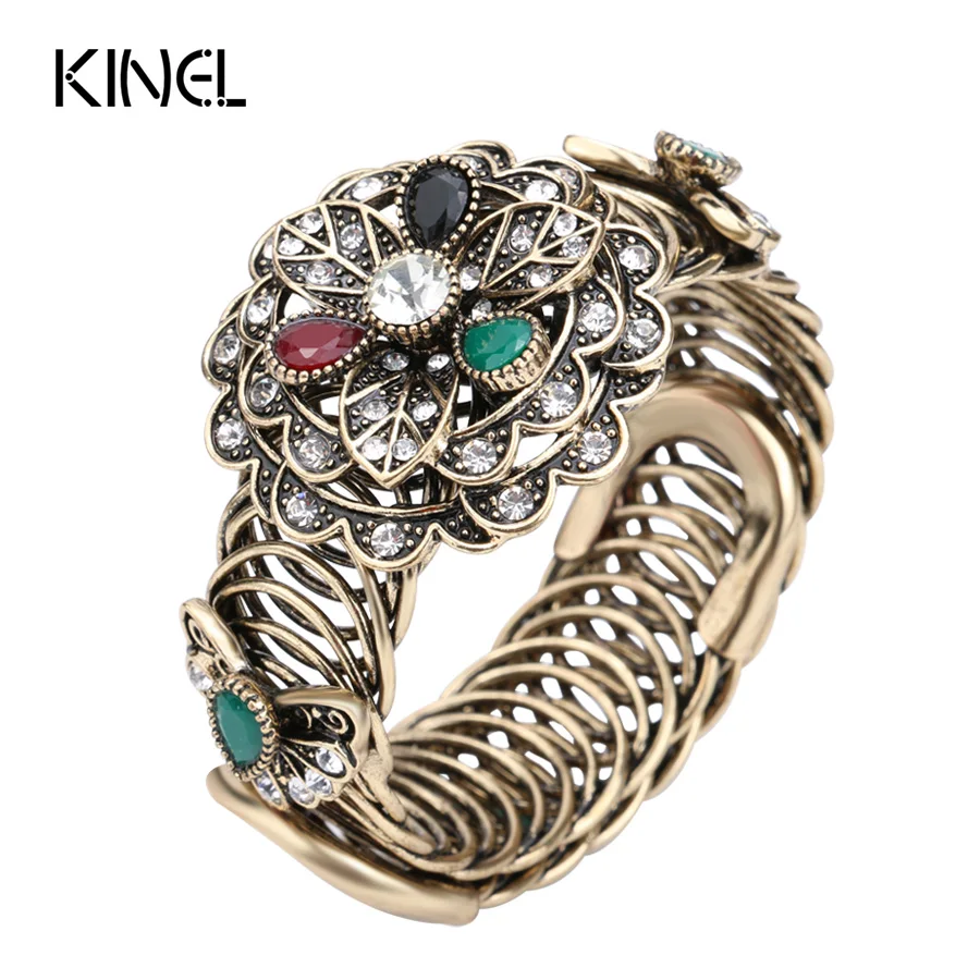 Женский браслет Kinel винтажный золотого цвета с кристаллами в виде цветов|bracelets