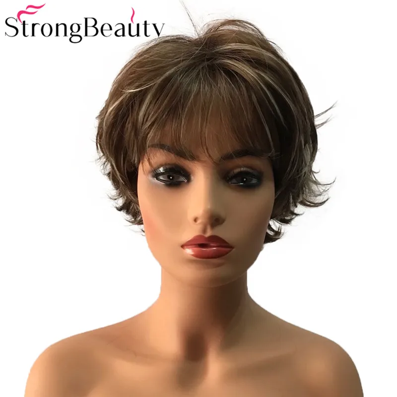 StrongBeauty короткие прямые синтетические парики, пепельный коричневый/отбеливатель блонд выделенный/балаяж волос натуральный парик