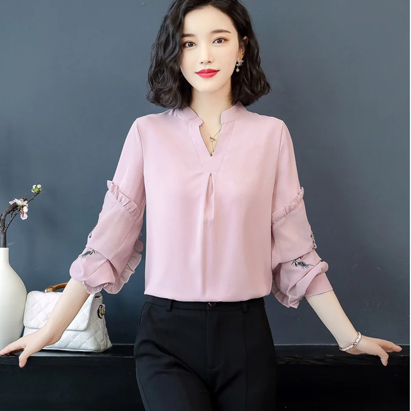 Blusas Mujer De Moda 2018 Осень Элегантный вышивка оборками блузки Для женщин с длинным