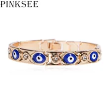 PINKSEE Women Men Blue Evil Eye Crystal Bangle Bacelet Trendy Design Gold Link Chain Cuff Bracelets 