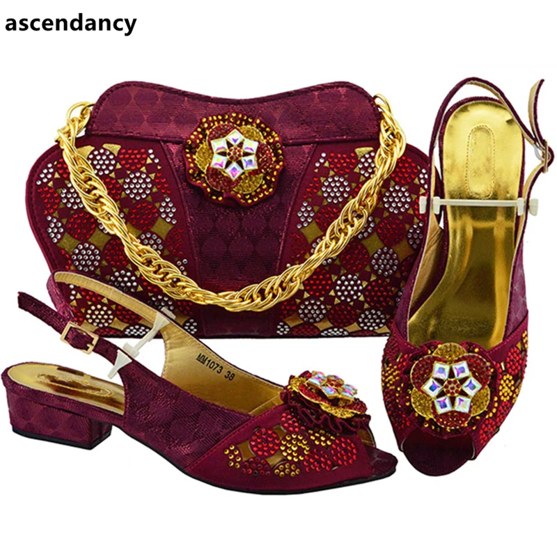 New Arrival Womens Dress Shoes Open Toe Italian and Bags To Match with Bag Set Decorated Rhinestone Low Heels | Обувь