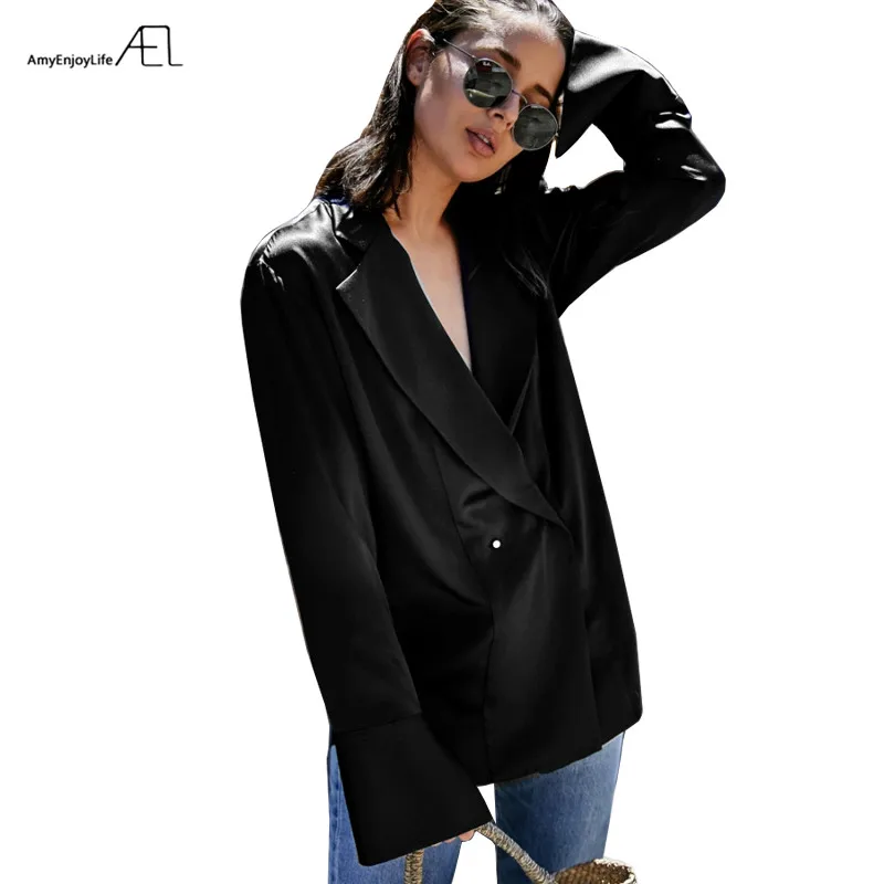 AEL Black Satin Loose Shirt Women's Streetwear Fashion Blouse 2017 Summer Autumn Boutique Ladies's Clothing High Quality