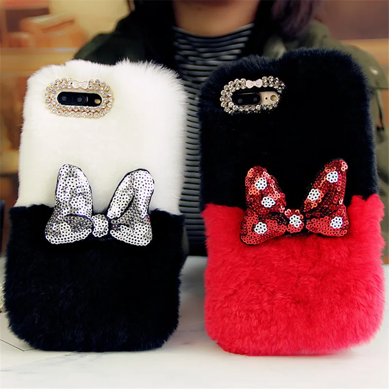 

Luxury Bling Sequins Bowknot Warm Fluffy Rabbit Fur Phone Case For iPhone 11 12 13 pro X XS MAX XR Cover For iPhone 8 7 6S Plus