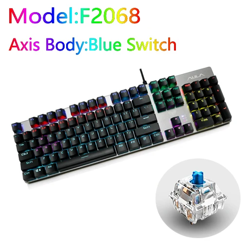 F2068 BLUE AXIS AULA ПК механическая клавиатура 104 клавиш USB микс светодиодный Подсветка Черный Синий Красный переключатель для русской испанской иврит арабский игровая клавиатура - Цвет: F2068 BLUE AXIS