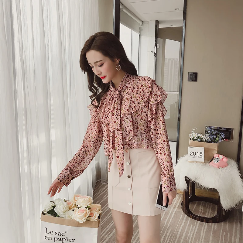 blusas mujer de moda 2019 womens tops and blouses Bow Floral Ruffled chiffon blouse harajuku shirt women 1942 50 | Женская одежда
