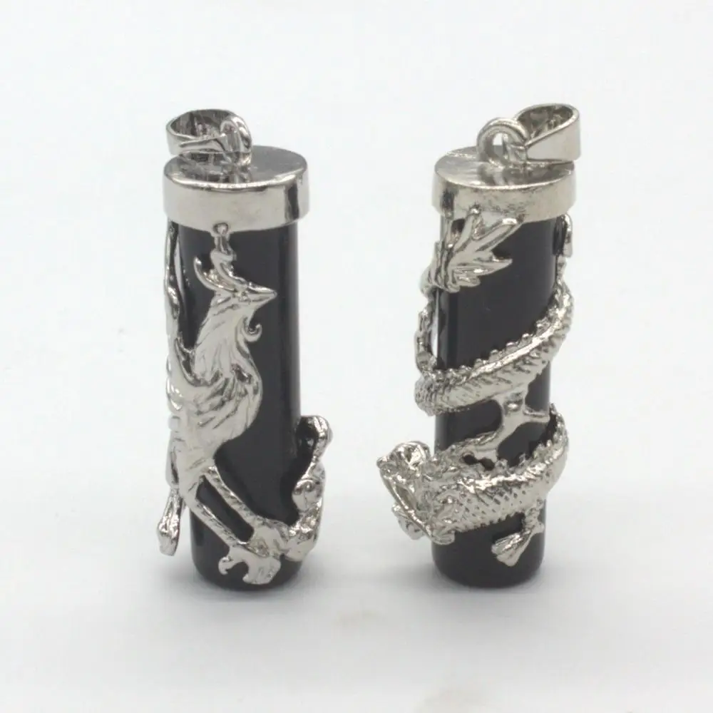 

100-Unique Silver Plated Chinese Style Phoenix and Dragon Cylinder Black Agates Pendant Antique Jewelry
