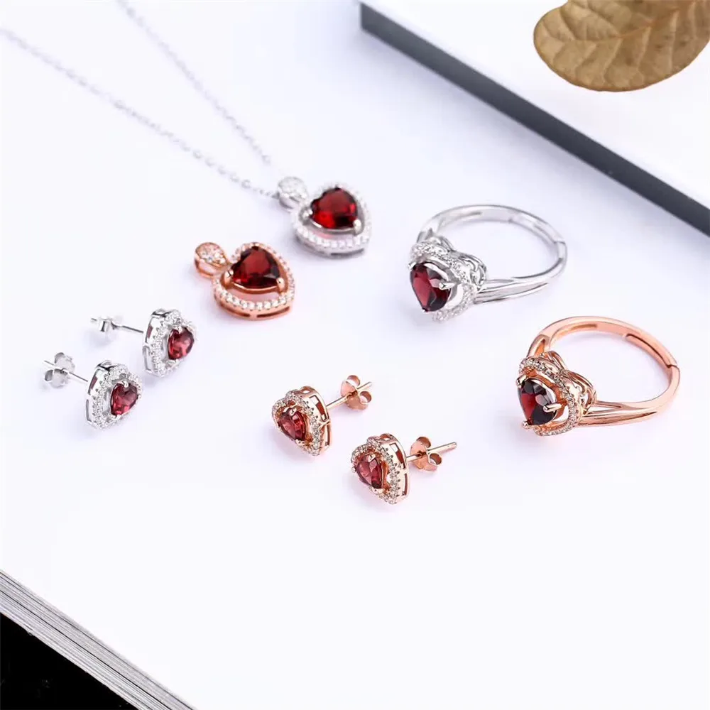 

factory wholesale new fashion romantic heart red garnet 925 sterling silver natural gemstone jewelry set for wedding engagement
