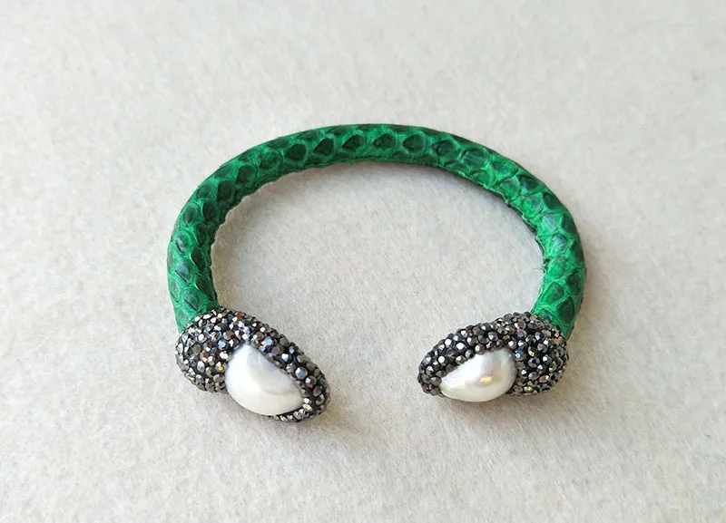 5pcs Natural Leather Druzy Pearl Stone Snake Bangle with Crystal Rhinestone Paved Jewelry Bracelet BG18 | Украшения и аксессуары